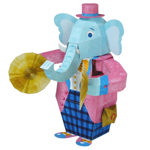 Papercraft imprimible y armable de un Elefante tocando los platillos. Manualidades a Raudales.