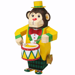 Papercraft imprimible y armable de un Mono tocando un tambor. Manualidades a Raudales.